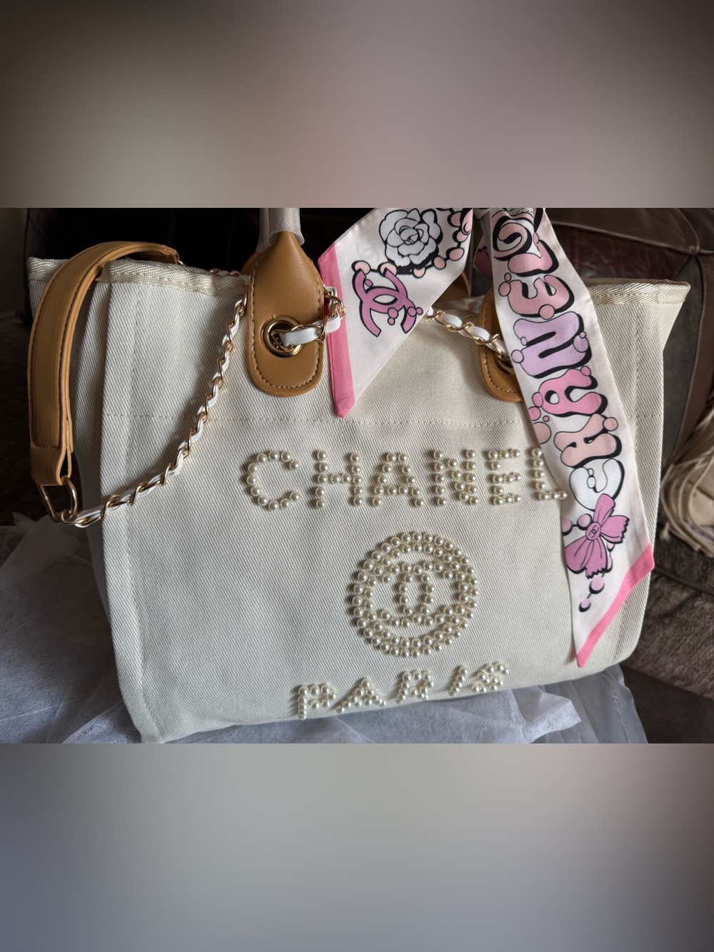 🍭🍭🍭 SALE‼️BNWT‼️FASHION PRETTY N IVORY  PEARL EMBELLISHED CANVAS TOTE